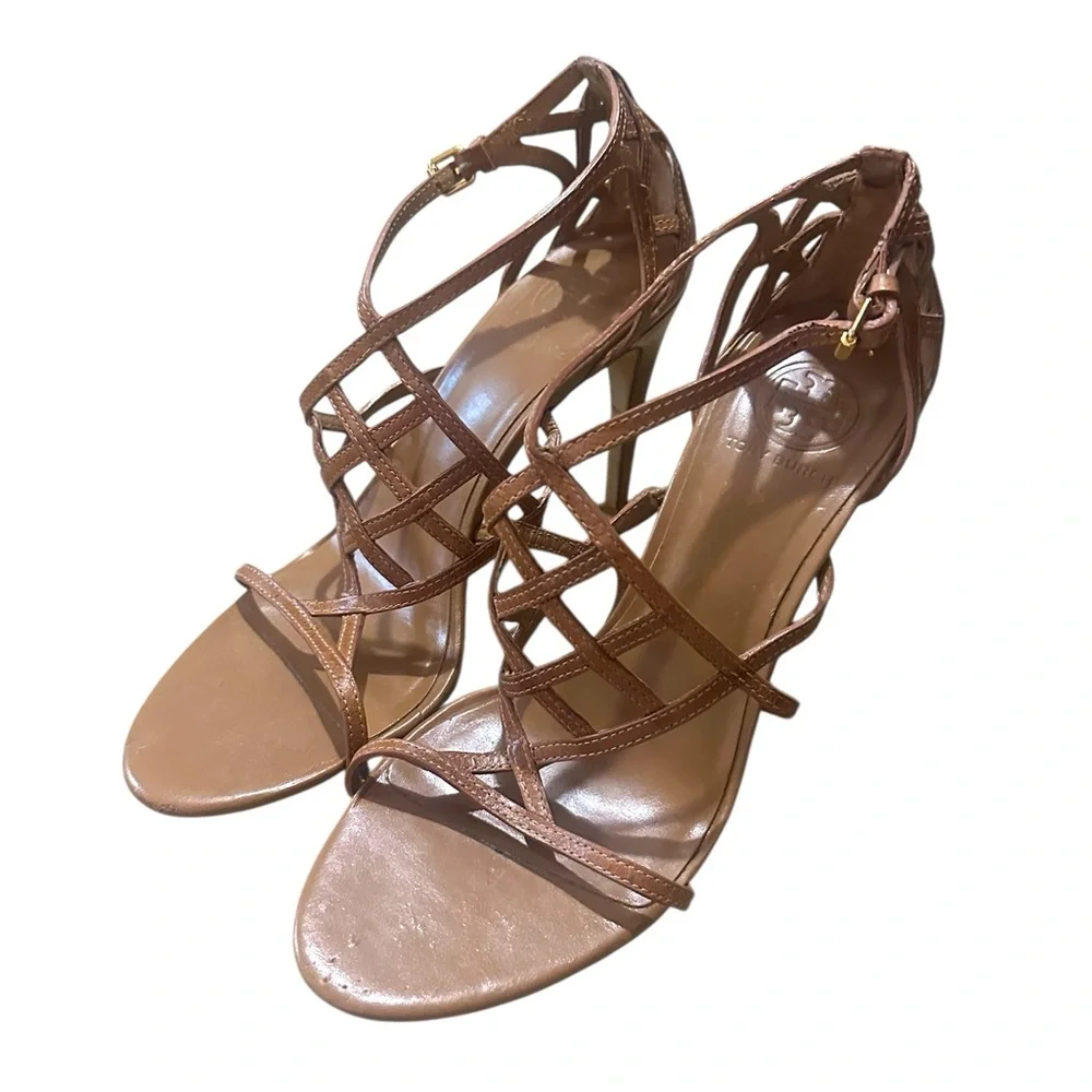 Tory Burch Amalie Strappy Cage Stiletto Heels Brown/Tan Size 9